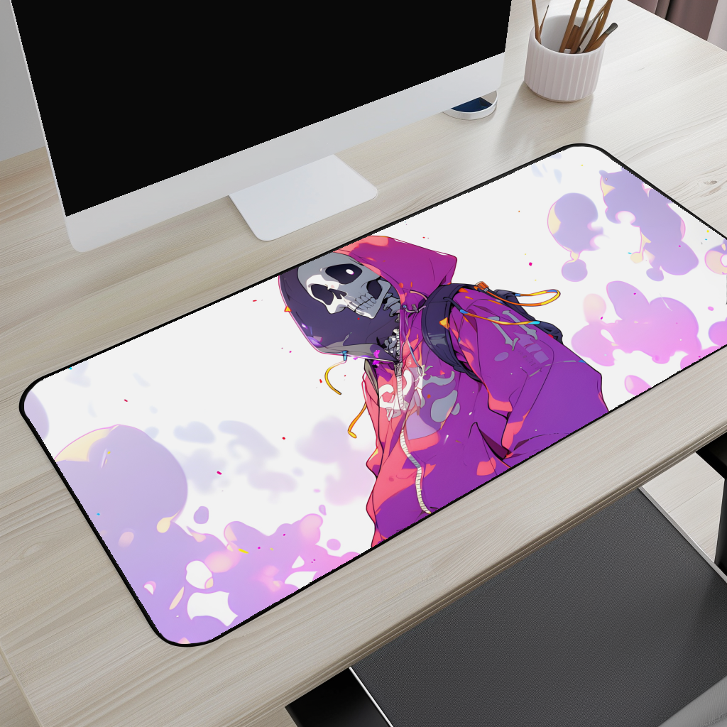 Skeleton in Purple Hoodie Desk Mat