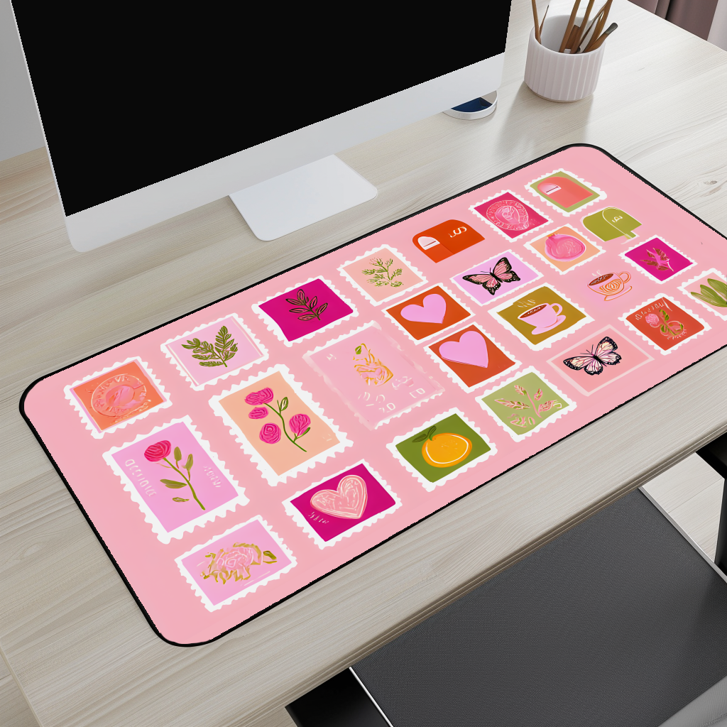 Pink Stamp Collage Desk Mat