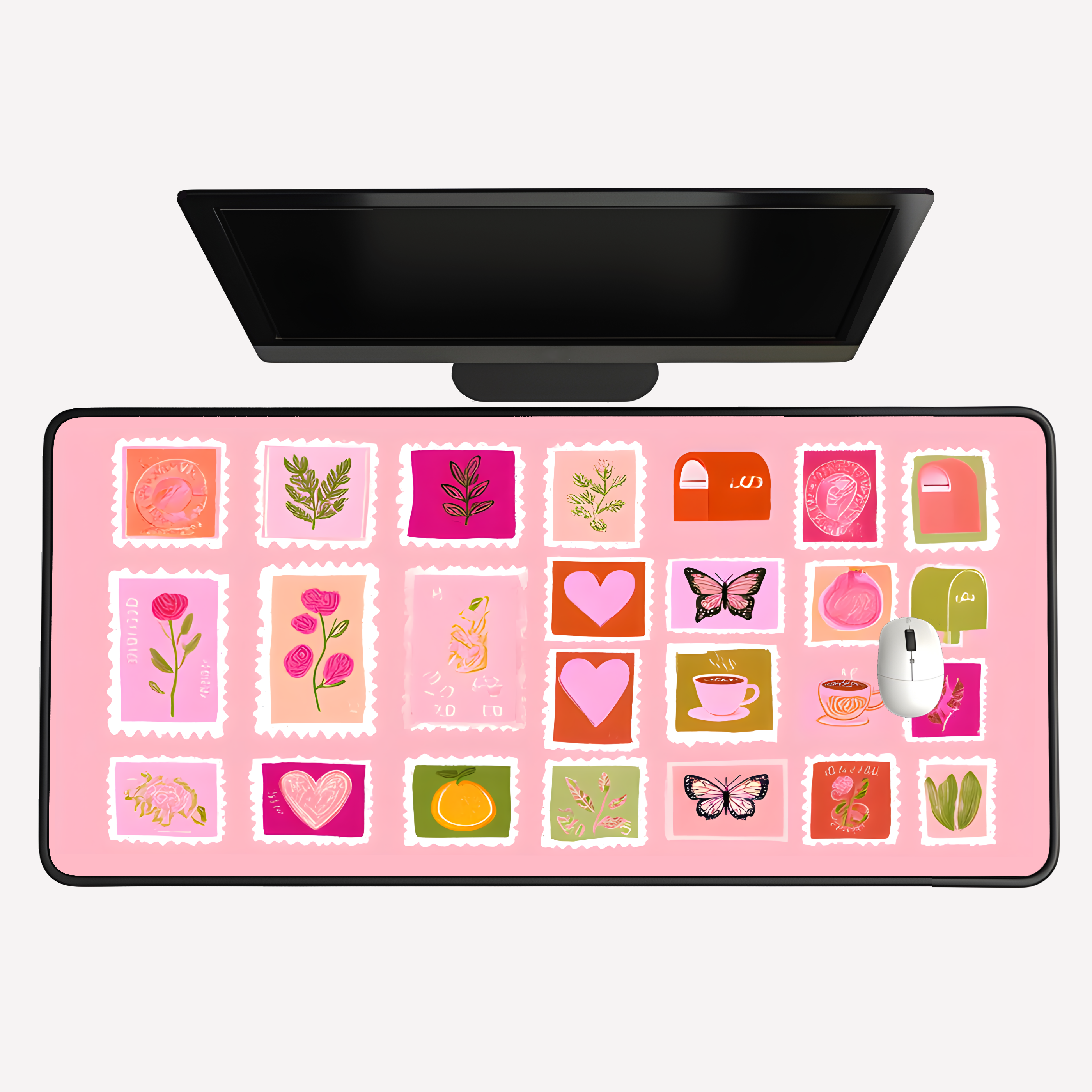 Pink Stamp Collage Desk Mat