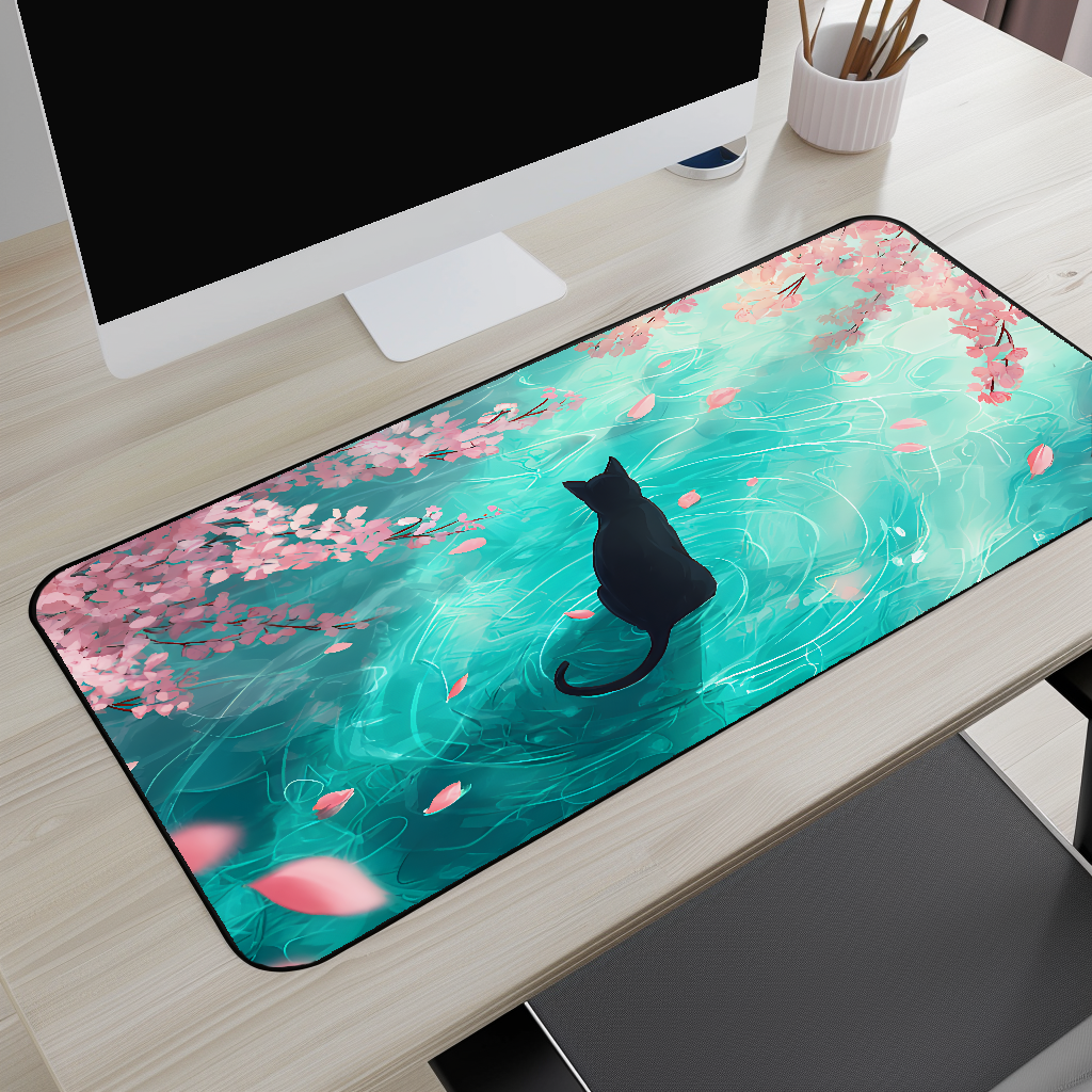 Cat by Cherry Blossoms Desk Mat