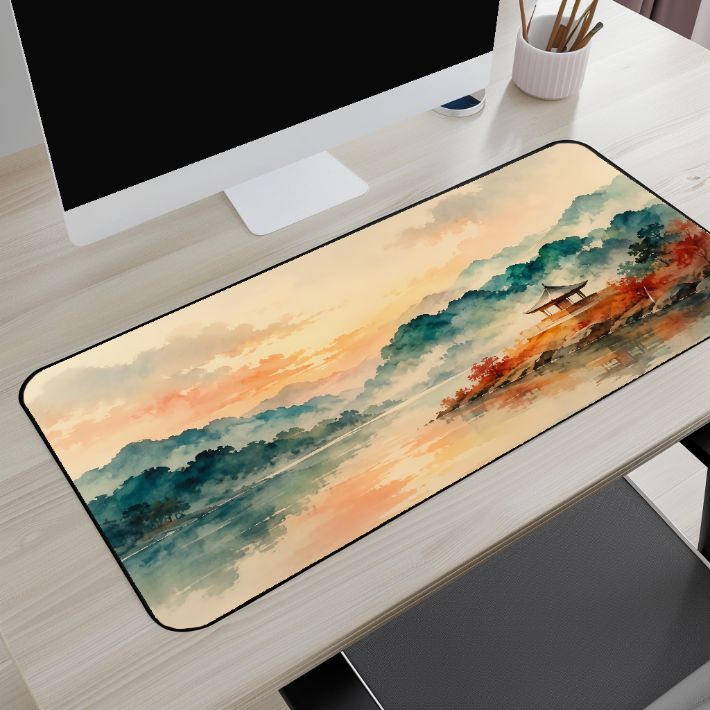 Tranquil Lakeside Pagoda Desk Mat