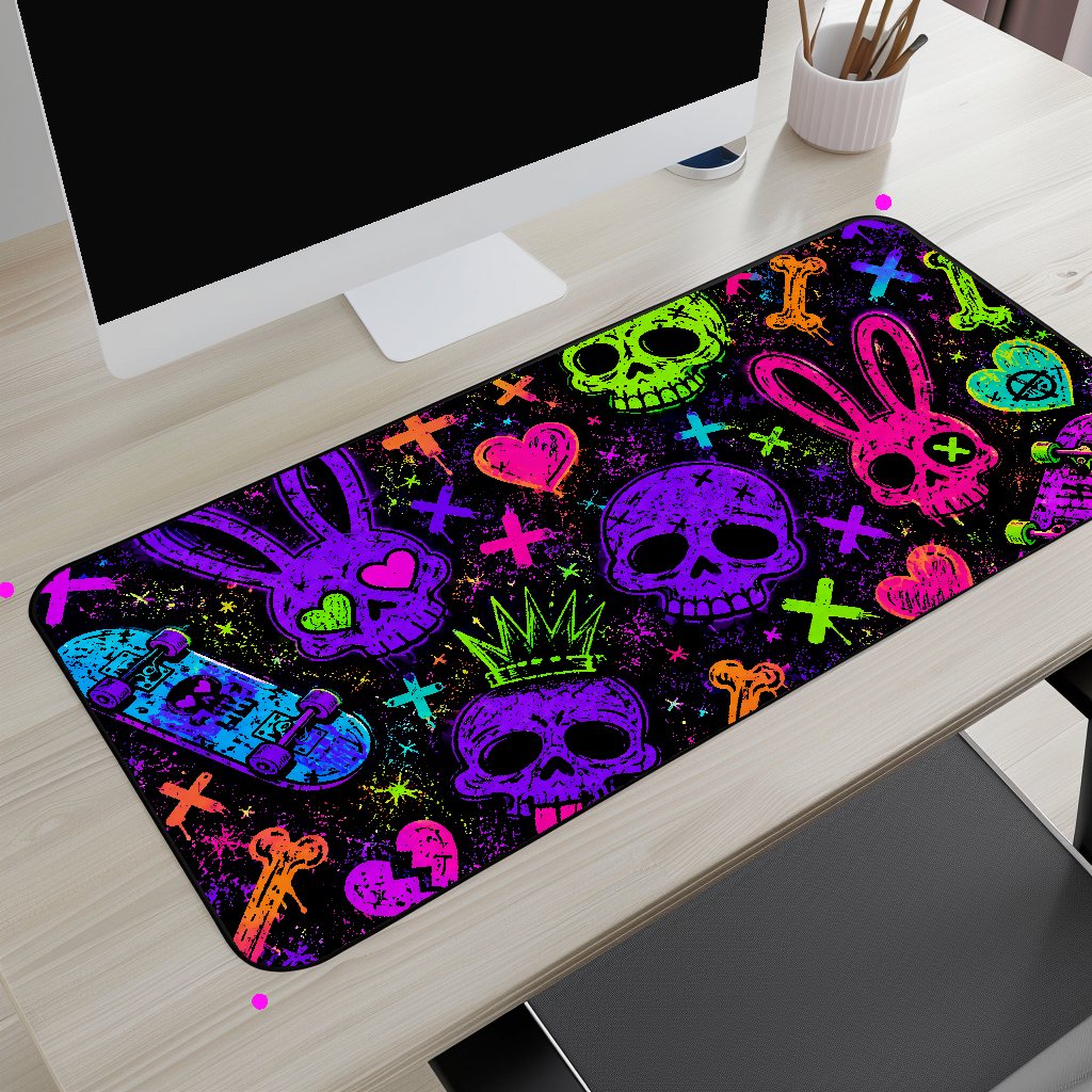 Neon Punk Skull & Bunny Desk Mat
