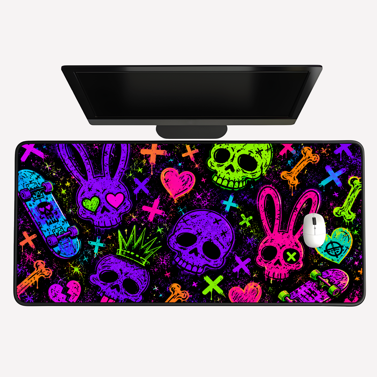 Neon Punk Skull & Bunny Desk Mat