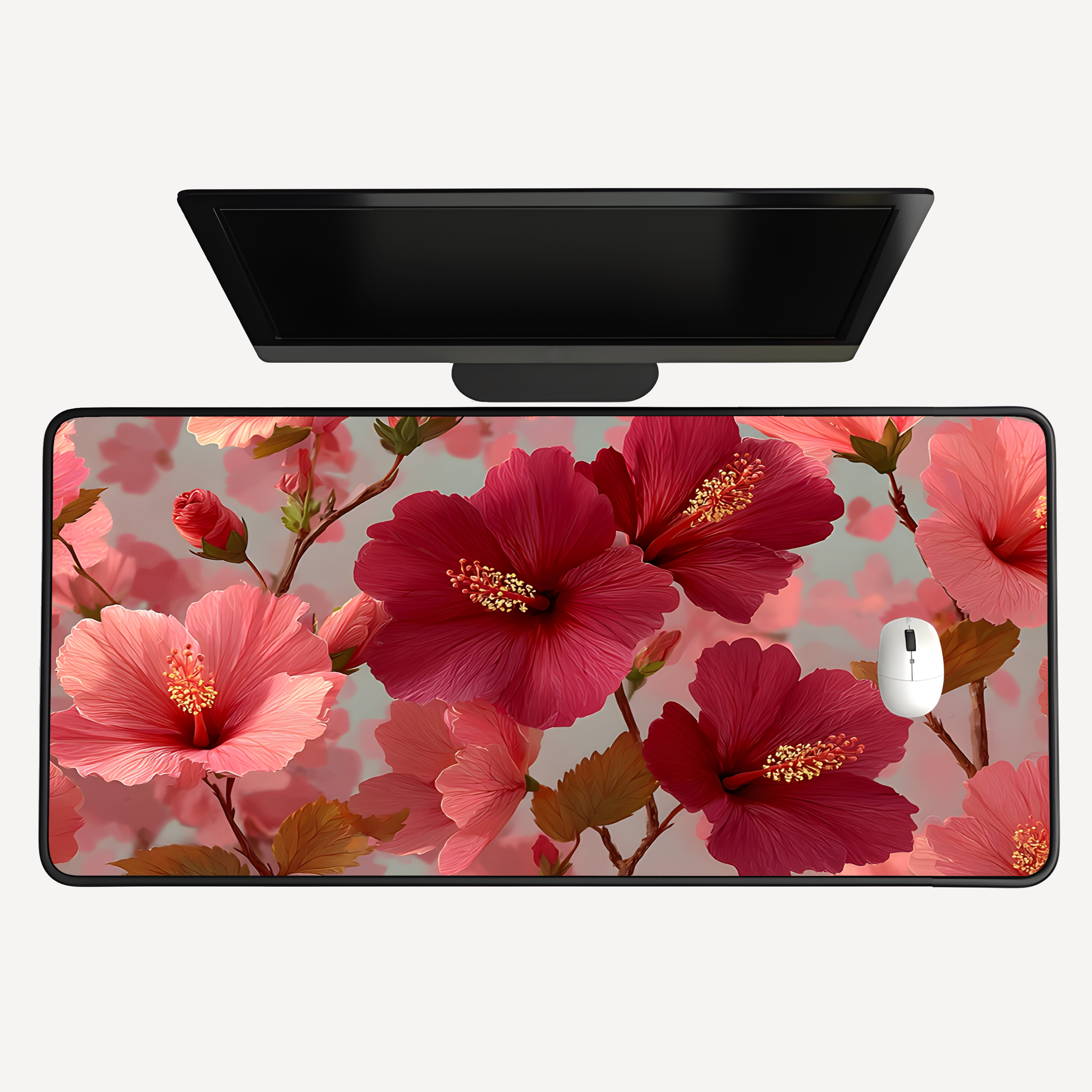 Blush & Crimson Hibiscus Floral Desk Mat