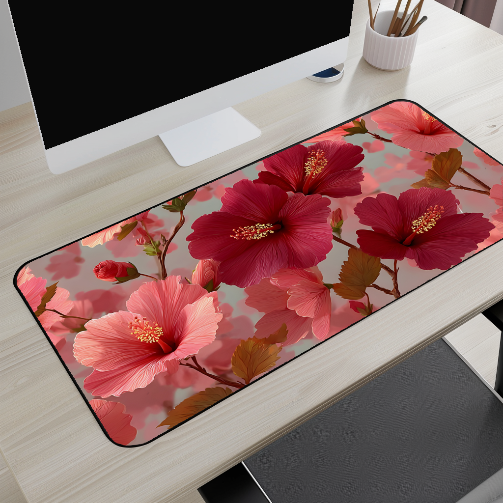 Blush & Crimson Hibiscus Floral Desk Mat